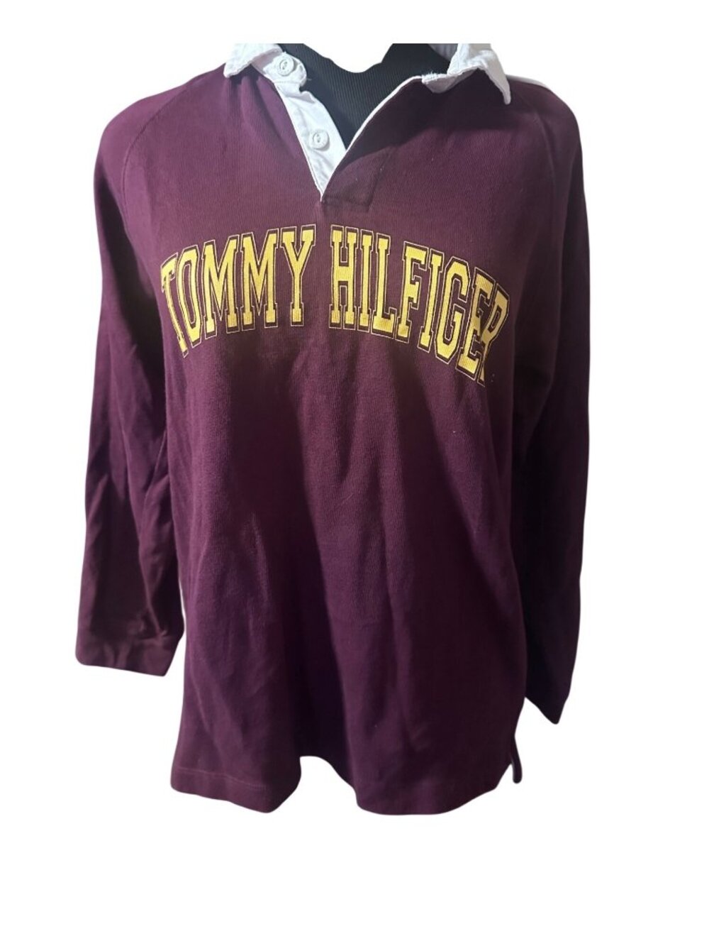 Vintage Tommy Hilfiger burgundy and yellow spellout rugby shirt size L